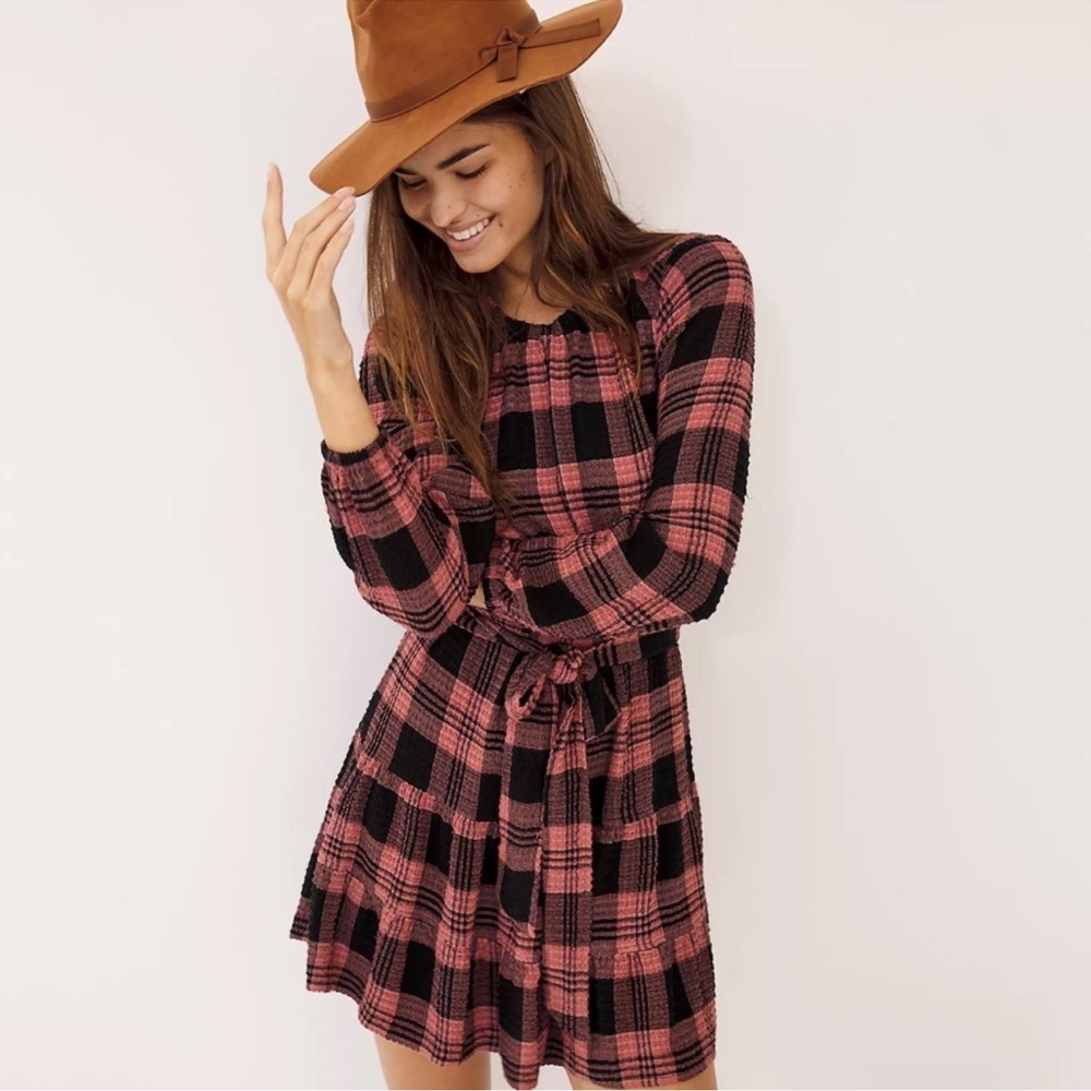 Anthropologie Pink and Black Plaid Long-Sleeve Tie-Waist Dress